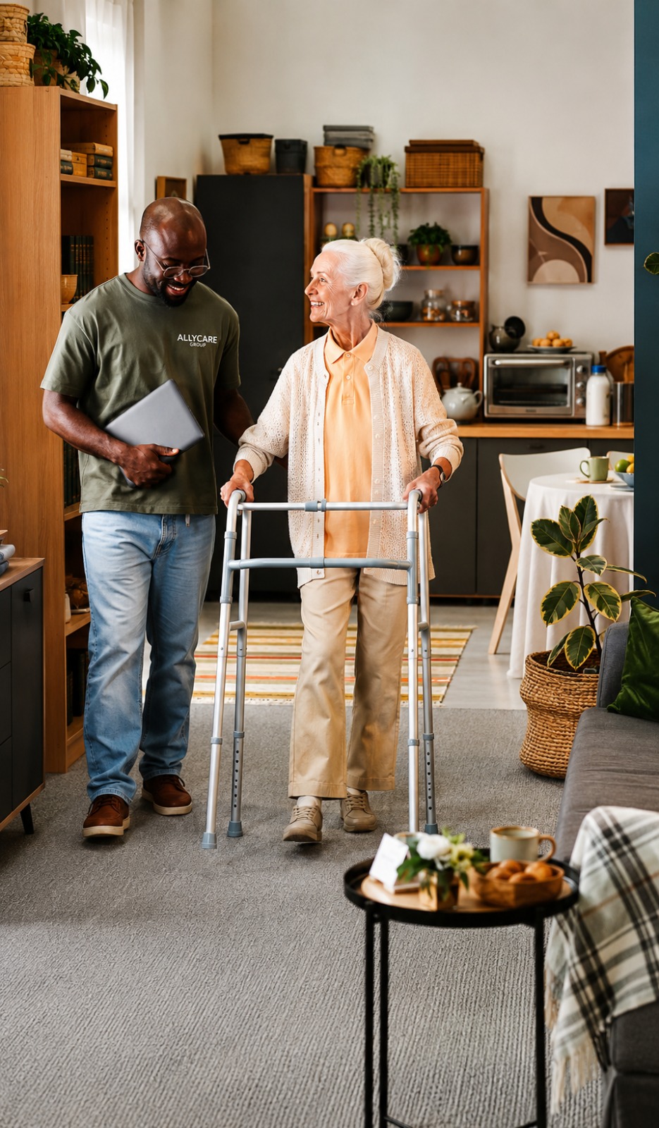 AllyCare caregiver supporting patient with walker at home
